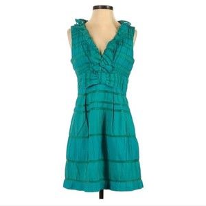 Nanette Lepore Sleeveless Dress Size 4 Turquoise Ruffle Bow Textured V-neck Mini